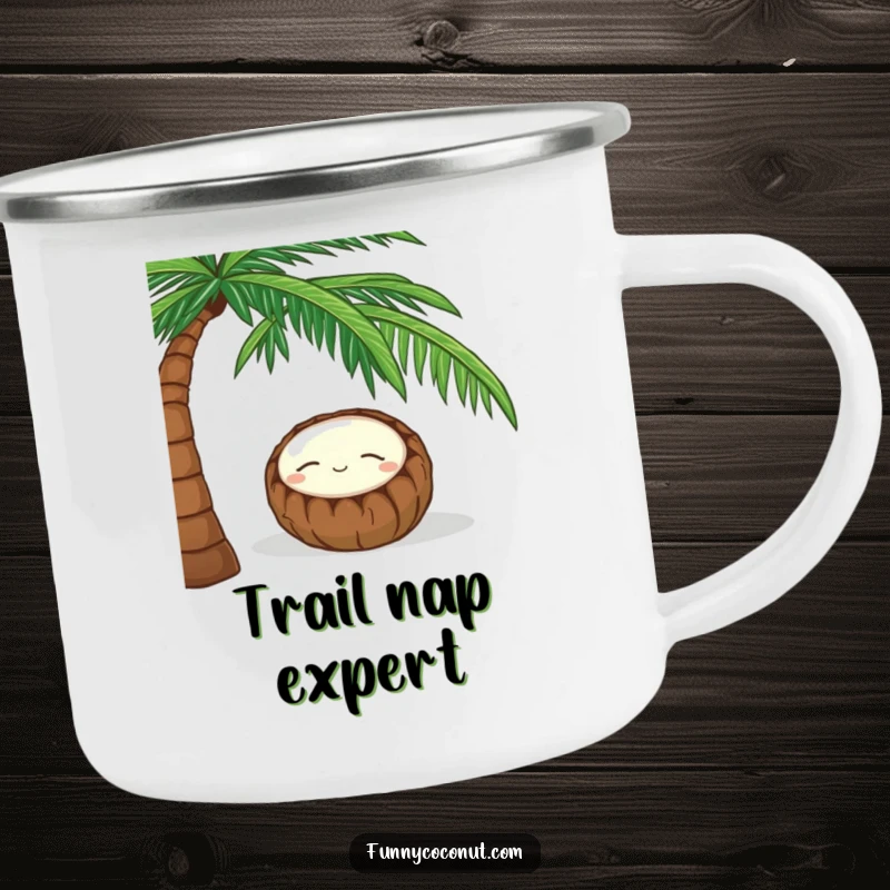 Funny camping mug showing a sleeping coconut with a peaceful smile napping under a palm tree, ideal for relaxed journeys.