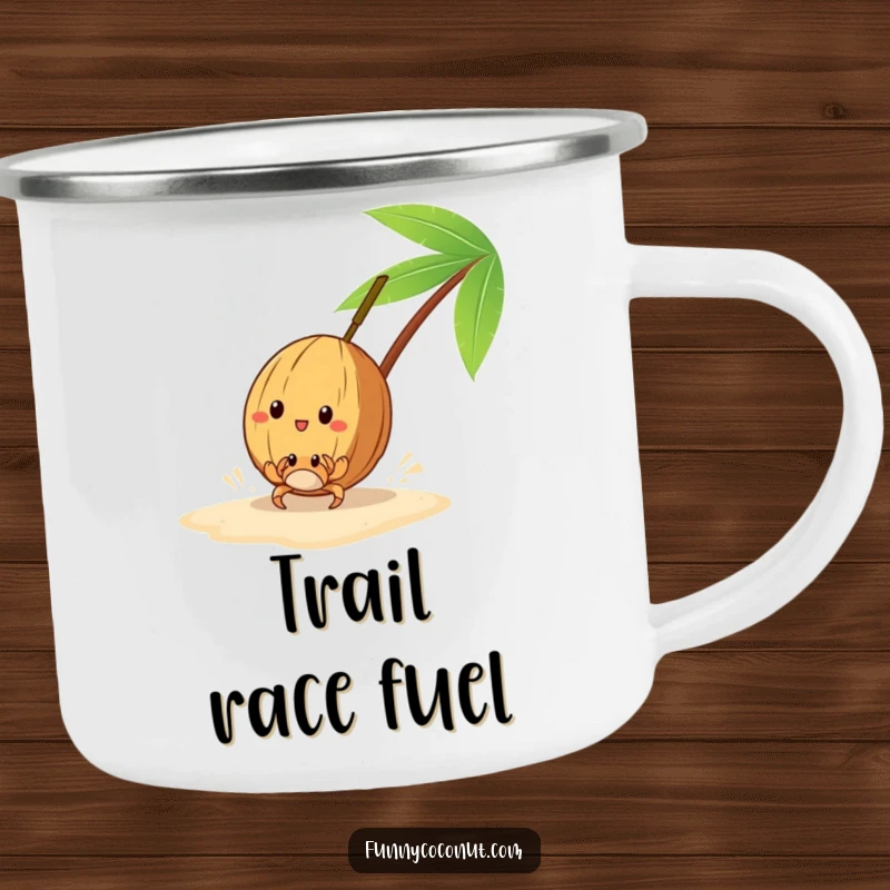 Funny enamel camping mug featuring a coconut racing a tiny crab on the sand, perfect for adventures.