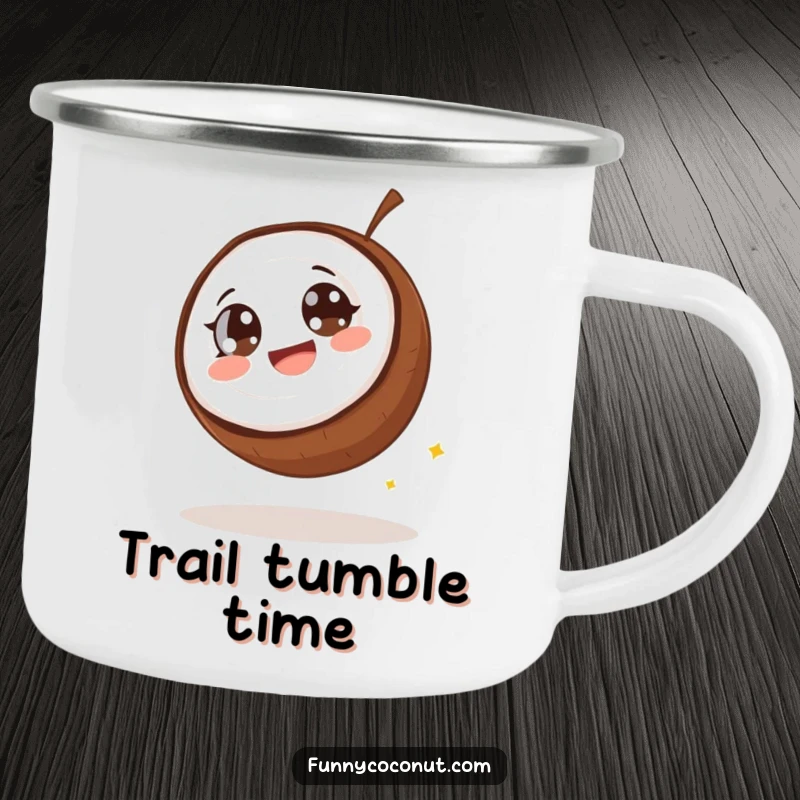 Funny coconut camping mug, a coconut with wide eyes giggling as it rolls downhill, ideal for outdoor humor enthusiasts.
