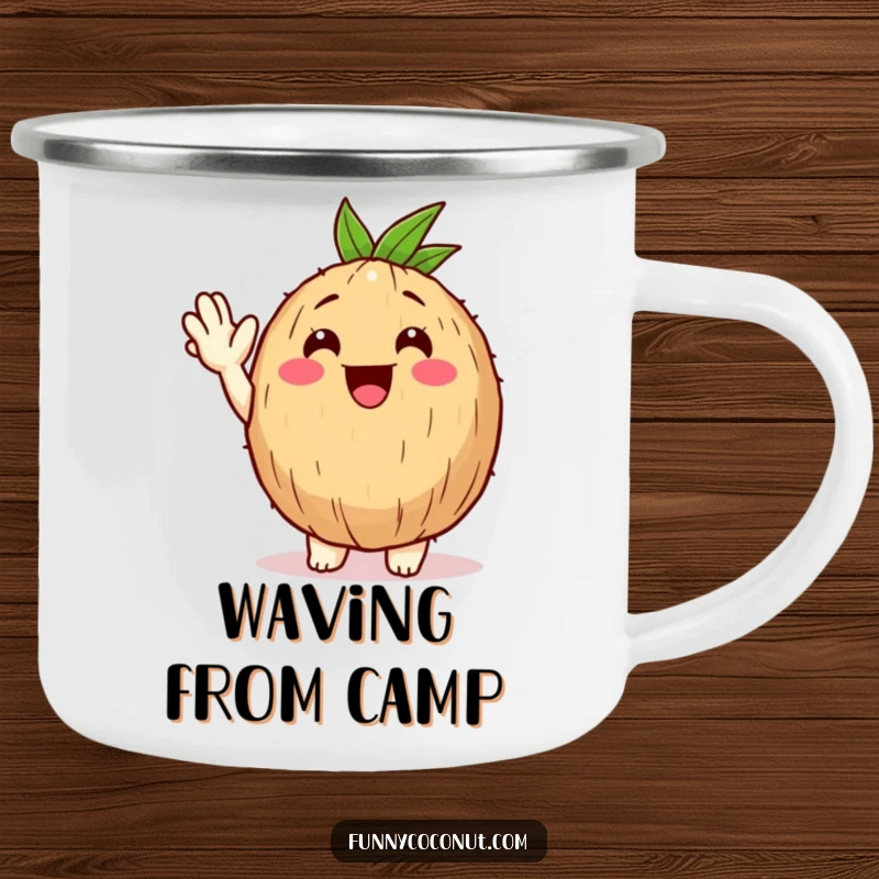 Funny Happy Coconut Camping Mug: A coconut character waves hello with a friendly gesture, perfect for outdoor greetings.