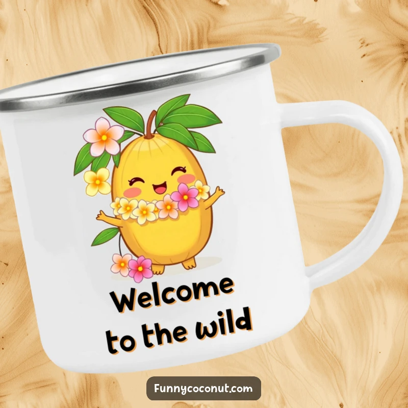Funny camping mug with a delighted coconut character offering a flower lei, perfect for outdoor adventures and as a humorous gift.