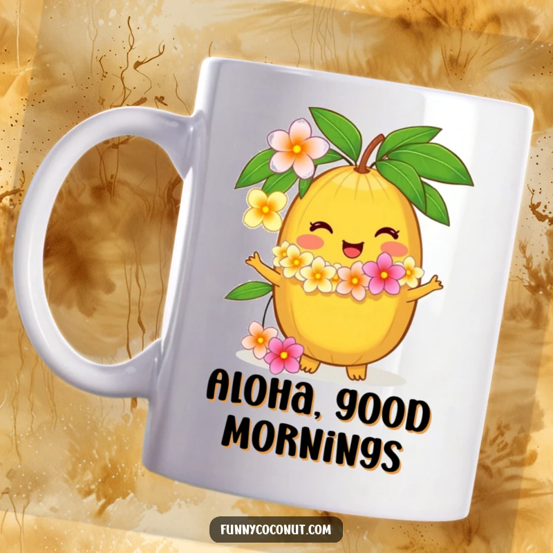 Funny mug with a delighted coconut character offering a fresh flower lei, embodying aloha spirit and humor, a great gift.