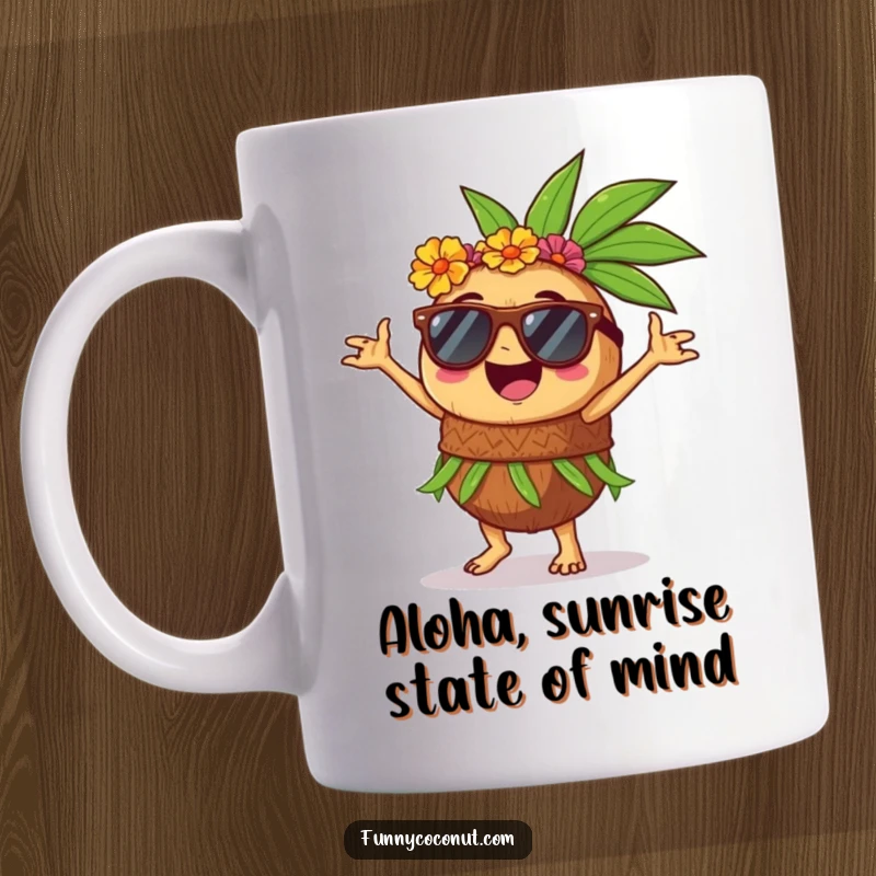 Funny mug with a joyous coconut wearing sunglasses, enthusiastically performing a hula dance with tropical flair.