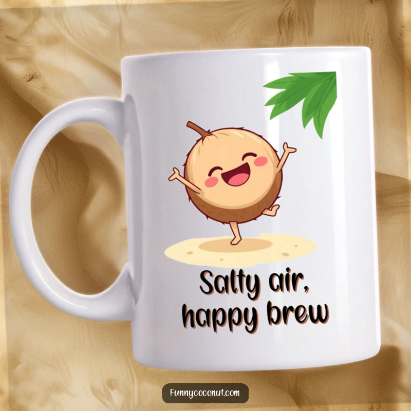 Funny mug showing a laughing coconut performing a cartwheel on a sandy beach, radiating pure joy and energetic fun.