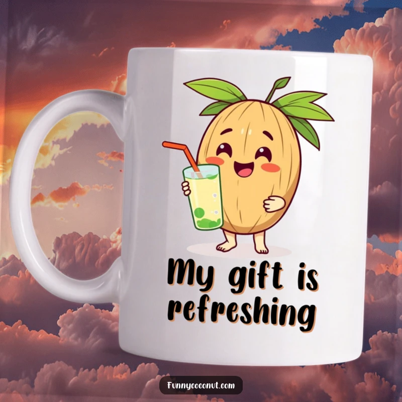 Funny mug showing a smiling coconut character happily presenting a cool, refreshing drink as a thoughtful gift.