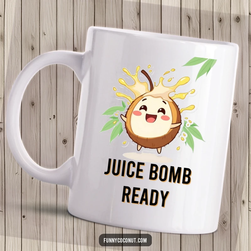 Funny Coconut Mug: A cheerful coconut character joyfully spraying refreshing juice, celebrating tropical fun.