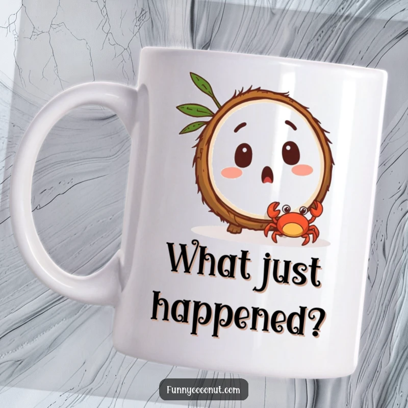 Funny surprised coconut character watching a tiny crab scuttle away, a humorous mug for beach lovers.