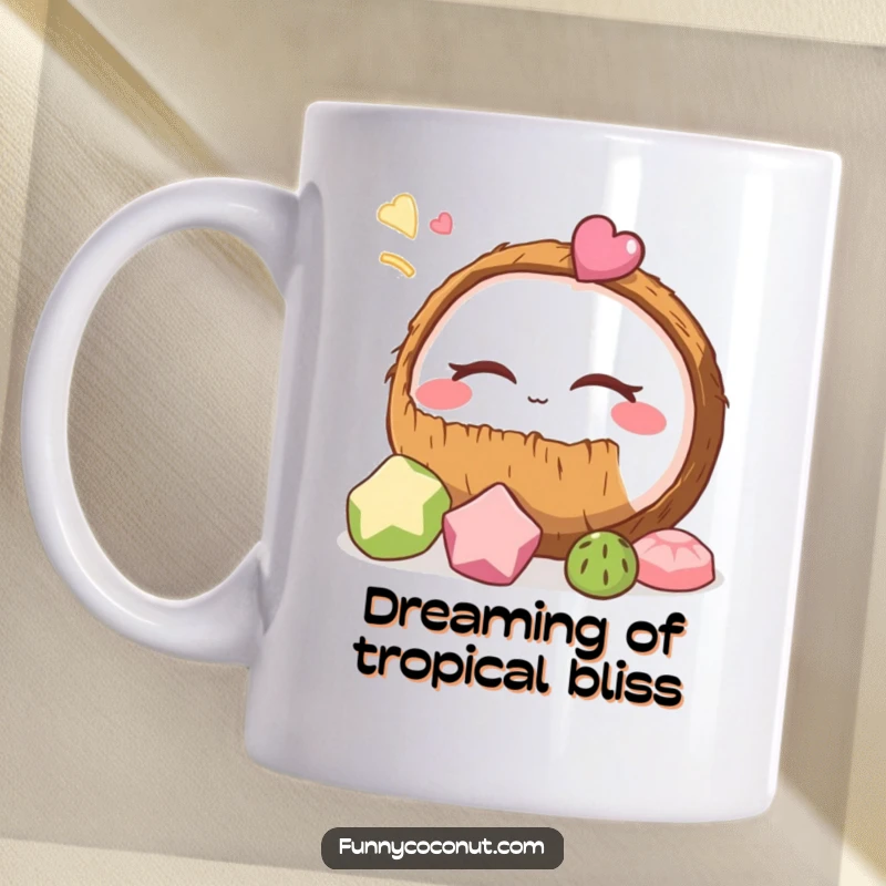 Funny coconut mug design showing a sleepy coconut with closed eyes, vividly dreaming of abundant tasty treats, perfect for coffee lovers.