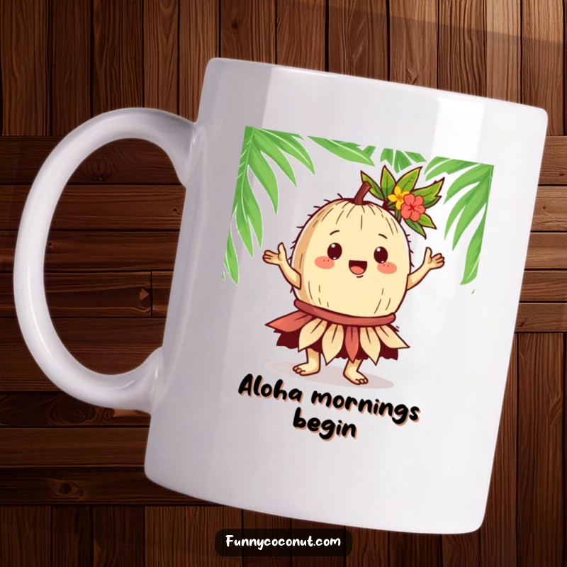 Funny Coconut Hula Dancer Mug: A gregarious coconut character performs a hula dance in a leafy skirt, radiating tropical joy and playful energy.