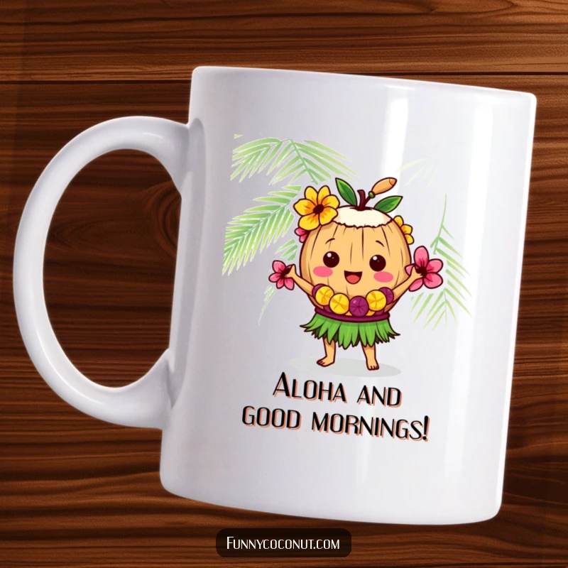 Funny coconut character in a lei doing a hula dance, bringing tropical joy and humor to your morning coffee.