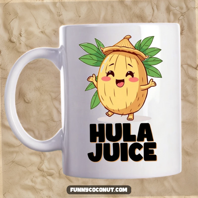 Funny Coconut Jig Mug: A comical coconut character wearing a straw hat, energetically doing a jig.