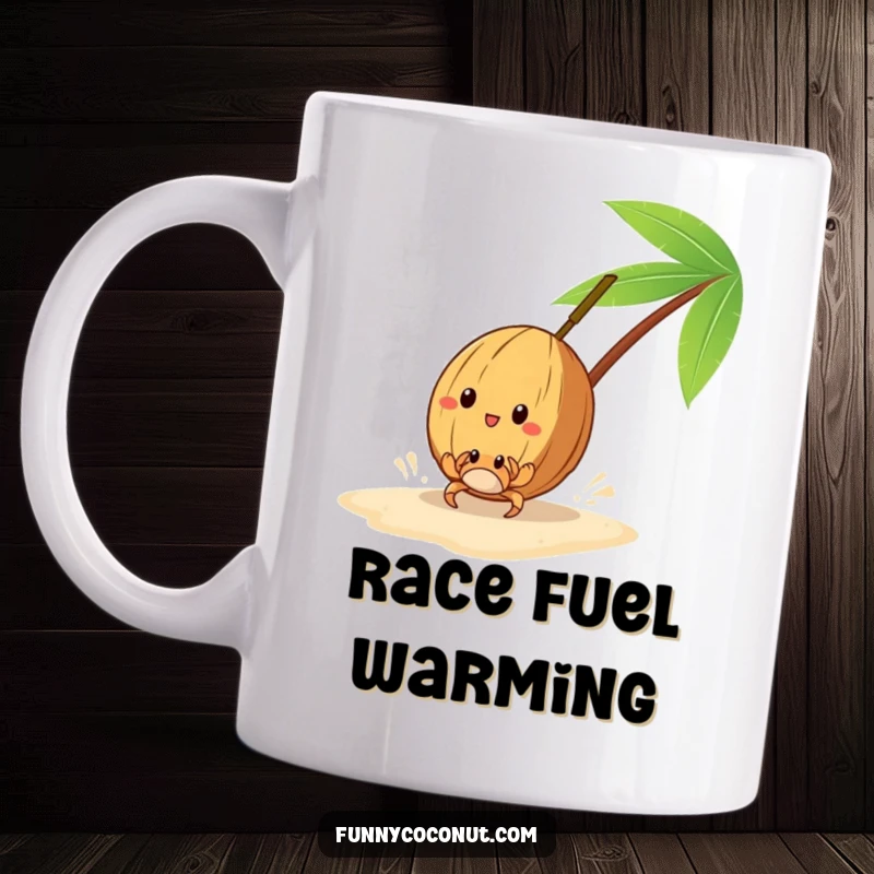 Funny ceramic mug depicting a coconut racing a tiny crab on the sand, capturing a comical beach moment.