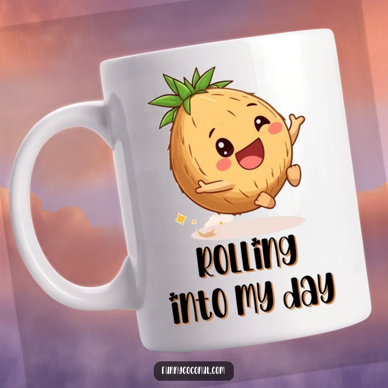 Funny young coconut mug with a delighted expression enthusiastically rolling downhill, symbolizing freedom and carefree fun.