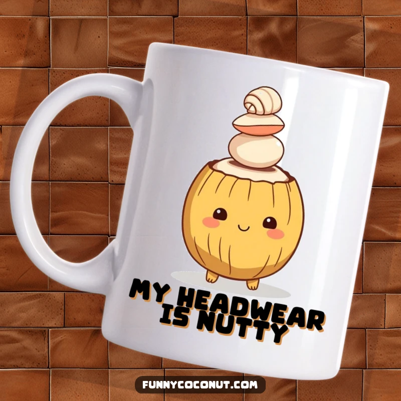 Funny mug showing a cheerful coconut character perfectly balancing a tall stack of delicate seashells on its head, a tropical delight.