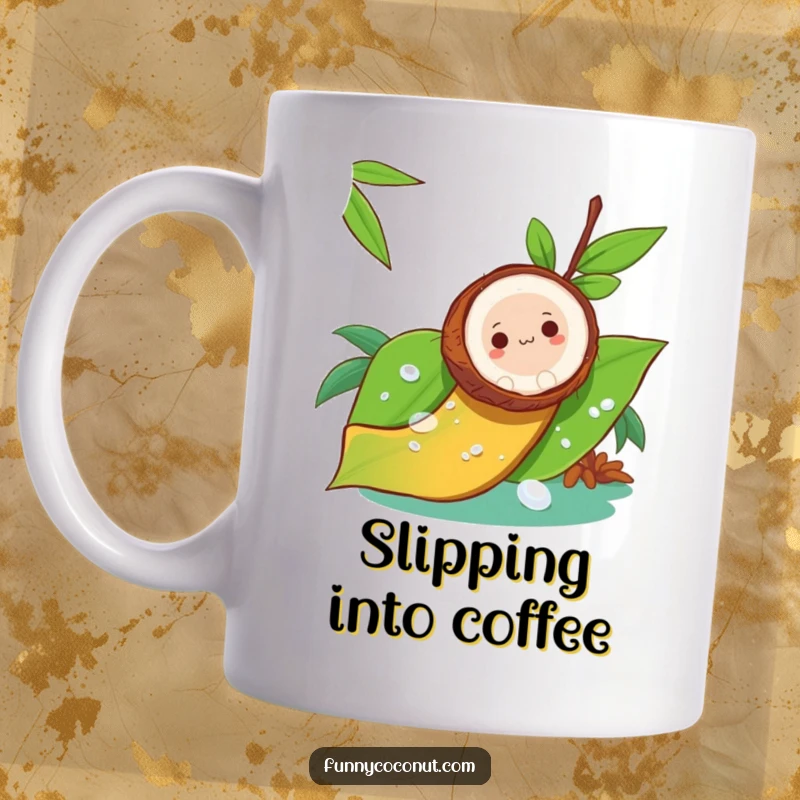 Funny mug with a coconut joyfully sliding down a dewy leaf, depicted like a thrilling water slide.