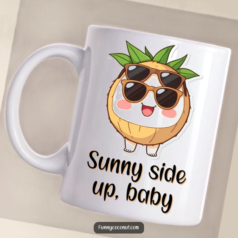 Funny coconut half mug with sunglasses, looking cheerful and ready for a tropical vacation, perfect for a sunny day gift.