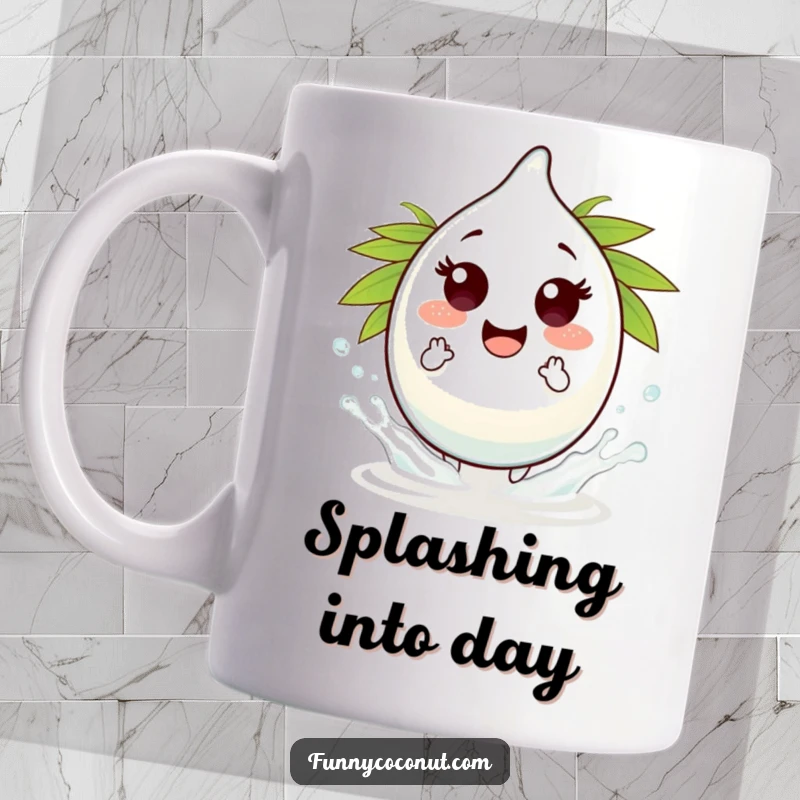 Funny coconut water droplet character mug, performing tiny splashes with a playful expression, perfect for hydration lovers.
