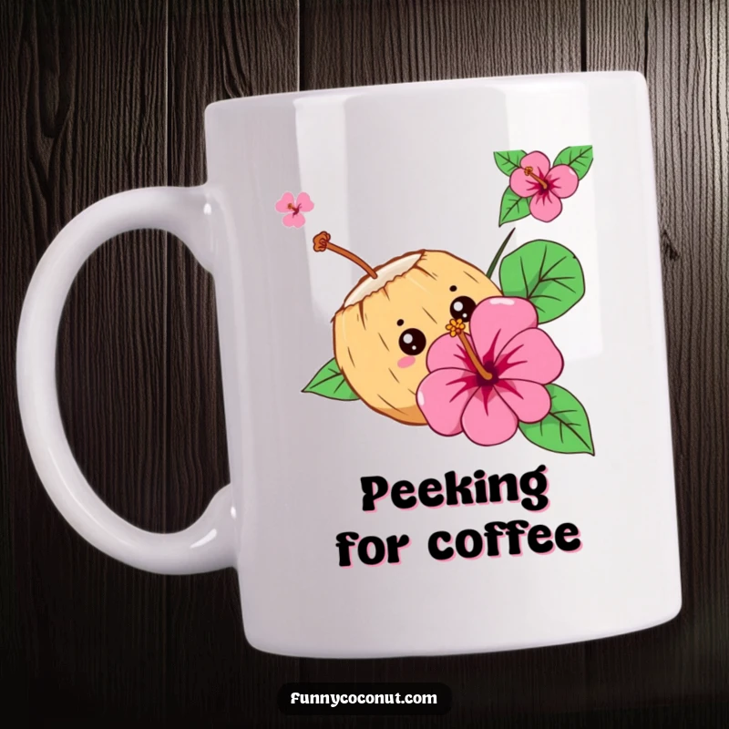 Funny Curious Coconut Mug: A shy coconut character peeks playfully from behind a vibrant hibiscus flower, showing curiosity.