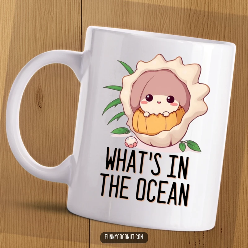 Funny mug showing a curious coconut peeking playfully from behind a large, detailed Seashell with wide eyes.
