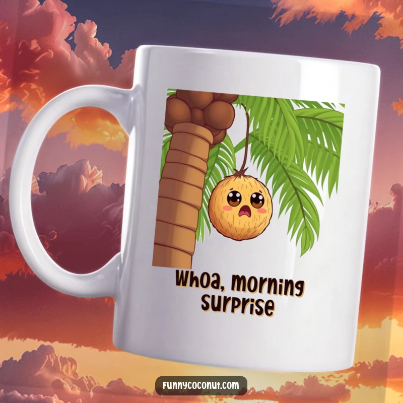 Funny coconut with wide eyes, looking surprised as it gently falls from a tall palm tree, capturing a comical moment.