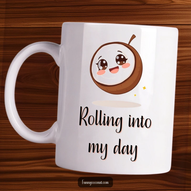Funny coconut mug, a coconut with wide eyes giggling uncontrollably as it rolls downhill, embodying pure, uncontrolled amusement.
