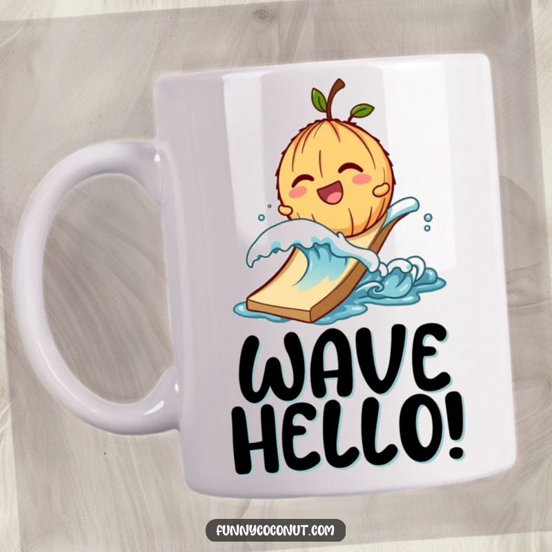Funny mug with a giggling coconut character being pushed down a slide by a small wave.