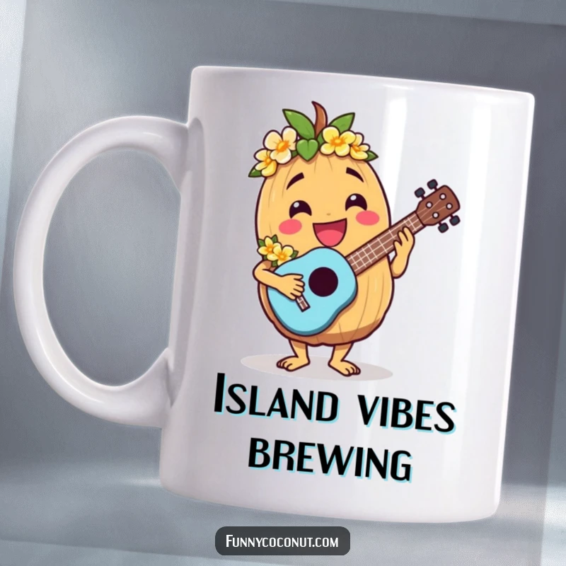 Funny mug with a jovial coconut character wearing a lei and playing a ukulele.