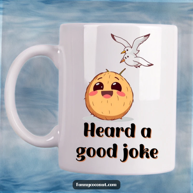 Funny mug featuring a laughing coconut with huge, exaggerated eyes watching a seagull fly past with amusement.