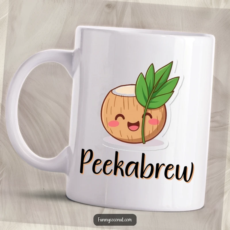 Funny coconut mug showing a laughing coconut character peeking out from behind a small, tropical leaf, full of mirth.