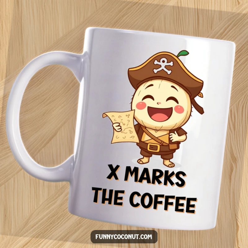 Funny Pirate Coconut Mug: A laughing coconut character in pirate attire holds a tiny treasure map, seeking fun and adventure with a hearty chuckle.