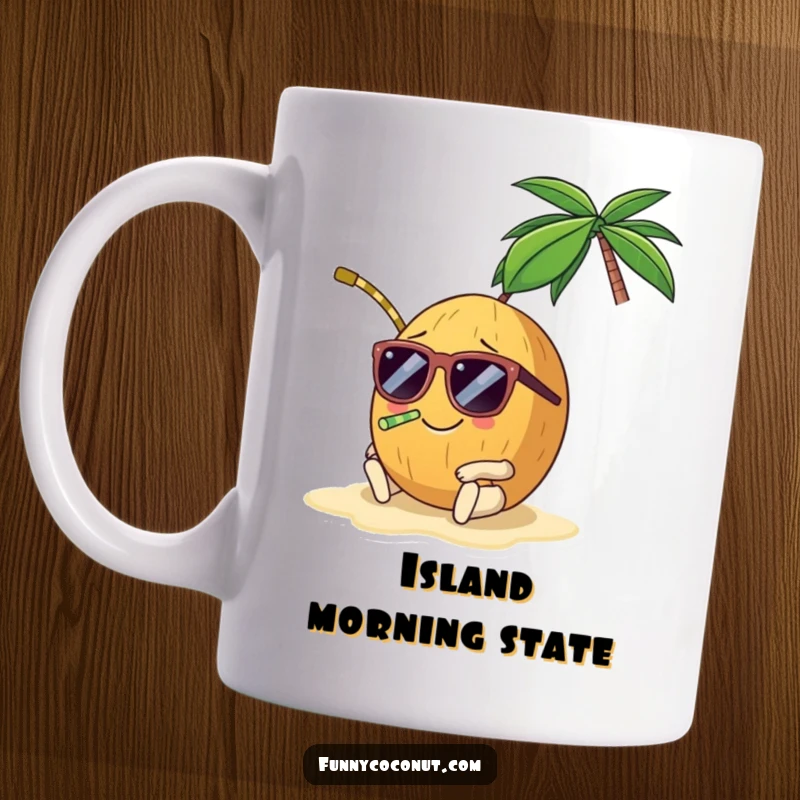 Funny coconut mug, a smiling coconut wearing sunglasses and sipping through a straw, relaxing on a beach, embodying vacation bliss.