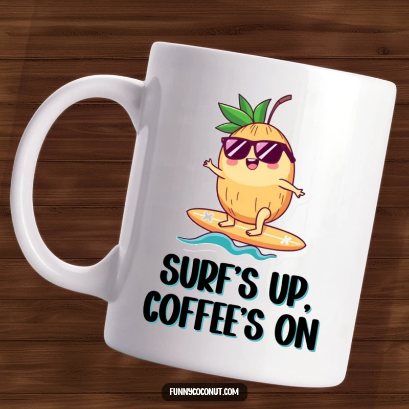 Funny mug featuring a cool coconut with sunglasses riding a surfboard, radiating pure joy and carefree beach vibes.