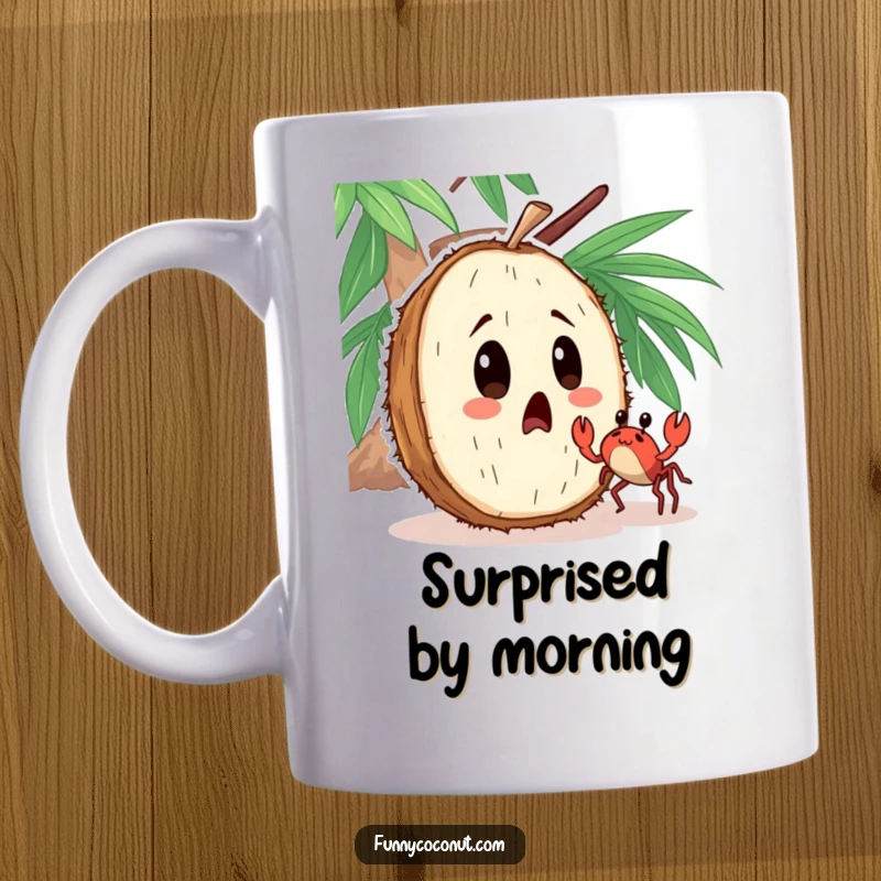 Funny mug showing a surprised coconut with wide eyes, looking at a tiny crab enthusiastically dancing nearby.