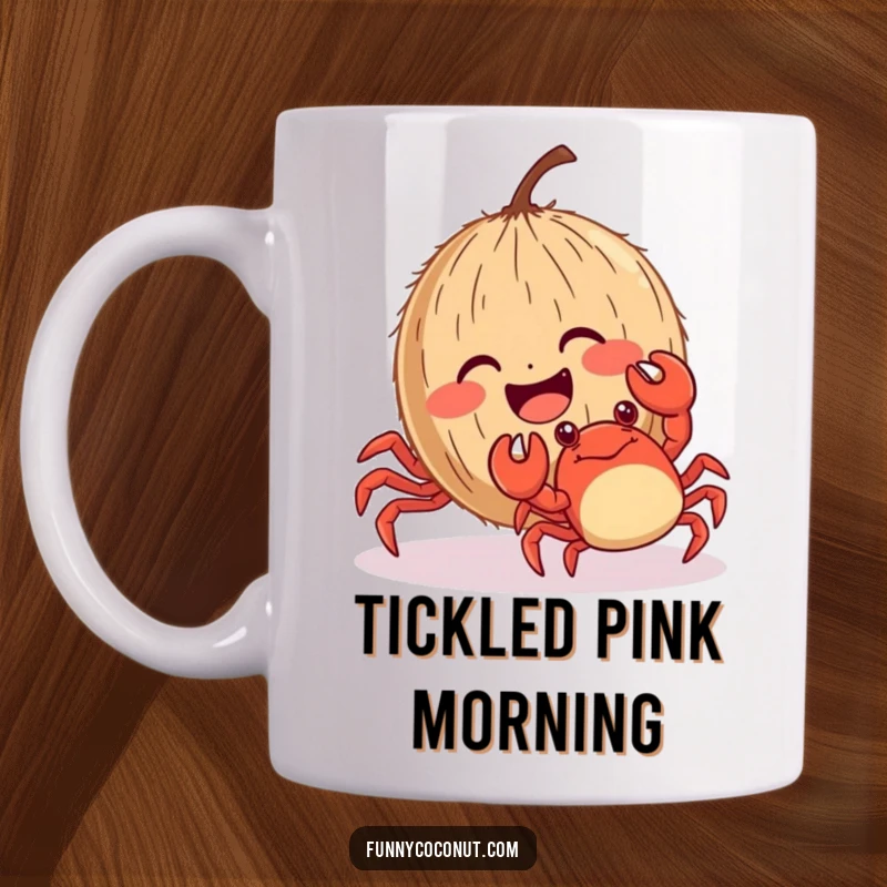 Funny giggling coconut with rosy cheeks, being playfully tickled by a small crab on a sandy beach.