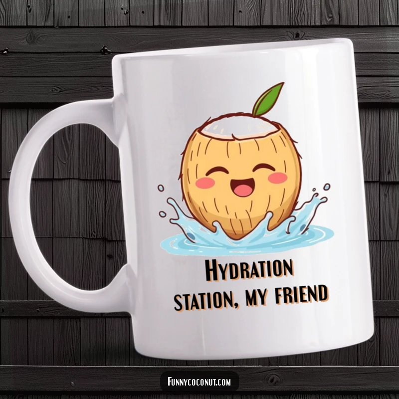 Funny mug featuring a winking coconut character joyfully splashing water, perfect for beach lovers seeking a humorous gift.