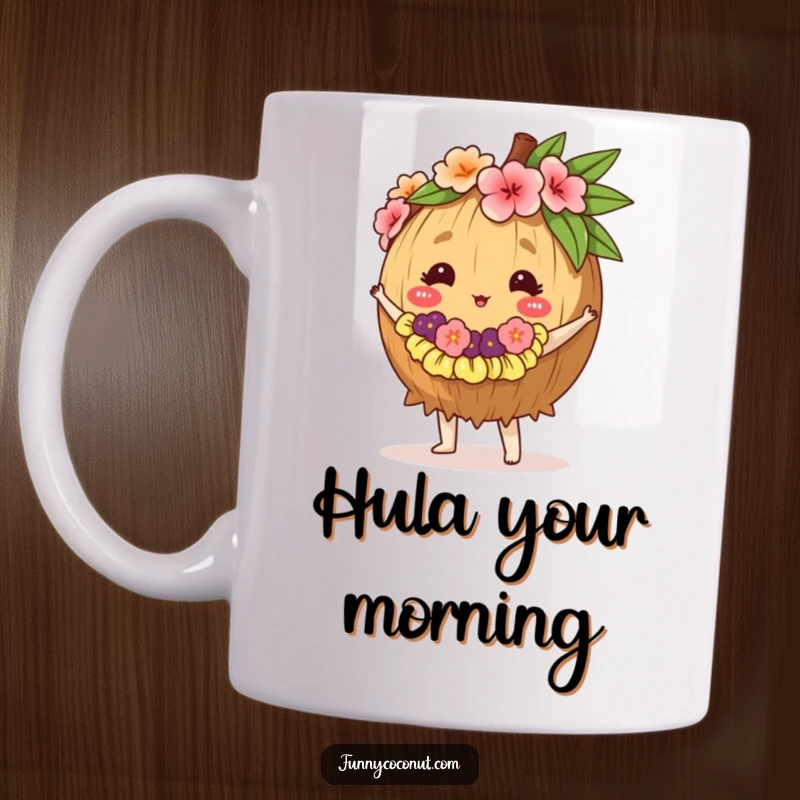 Funny mug with a smiling coconut wearing a tiny lei, doing a joyful hula dance, bringing tropical vibes.