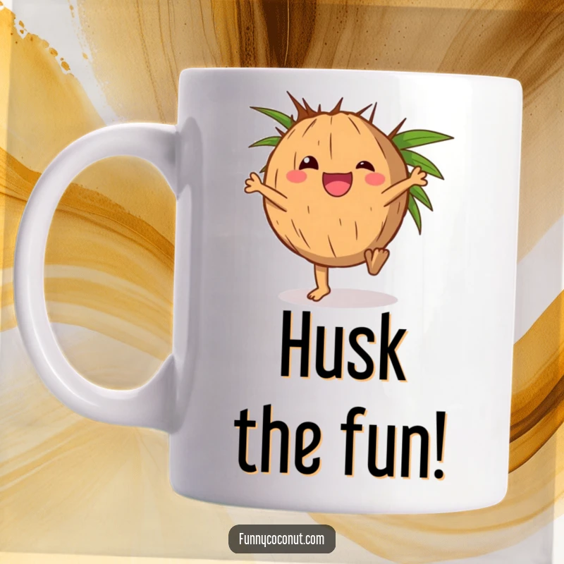 Funny mug with a delighted coconut character doing a cartwheel, its husk adding to the motion.