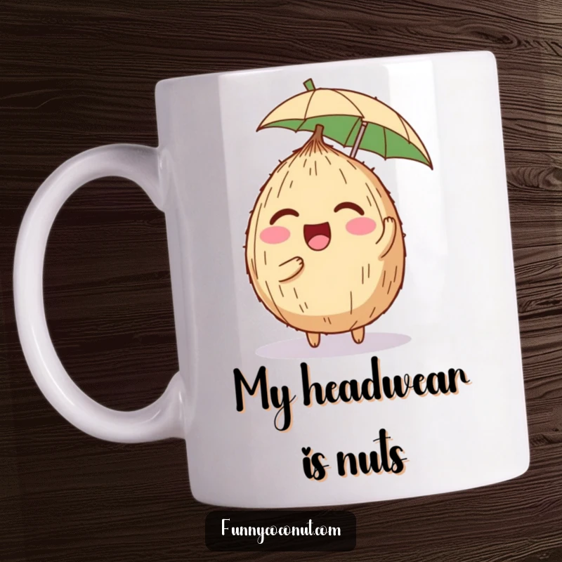 Funny mug featuring a happy coconut character giggling uncontrollably while balancing a miniature umbrella on its head, radiating pure joy.