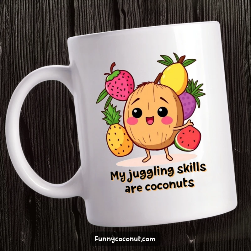 Funny mug showcasing a giggling coconut character expertly juggling three colorful tropical fruits in a tropical setting.