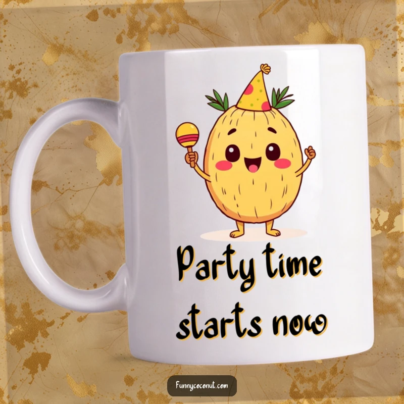 Funny Coconut Mug: A cheerful coconut character in a party hat shaking maracas, radiating pure joy and festive energy, perfect for any celebration.