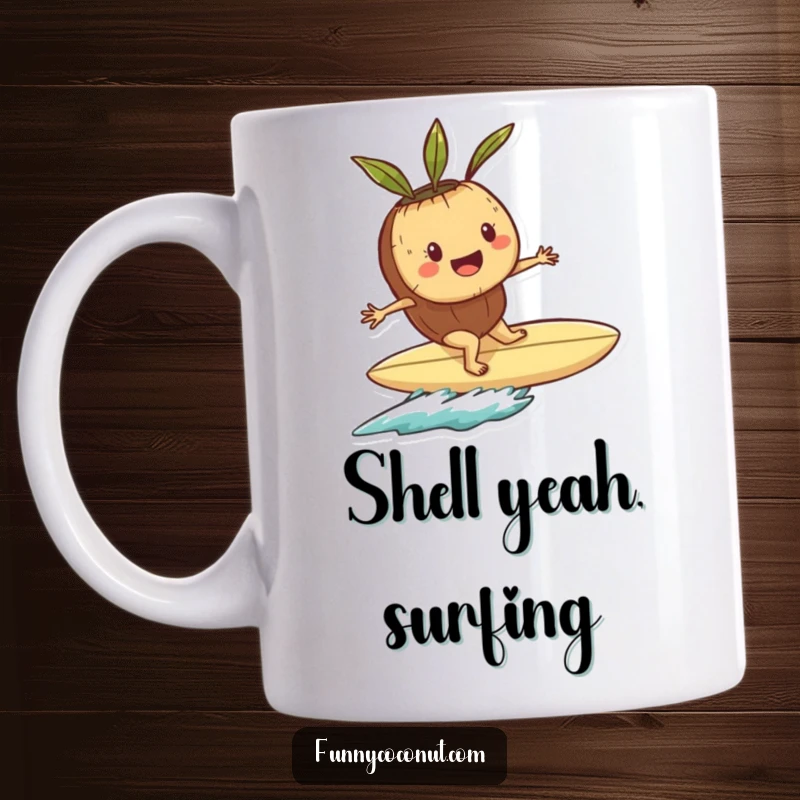 Funny mug depicting a happy coconut character confidently riding a seashell surfboard on a wave.
