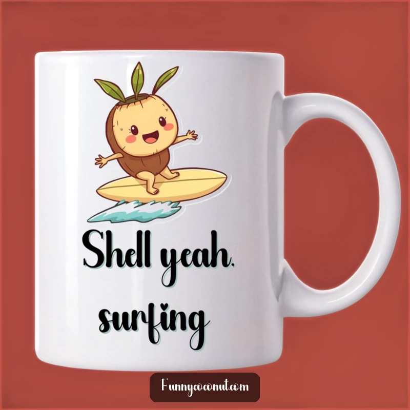 Funny Playful Coconut Surfer Mug: Shell Surfboard Adventure Gift