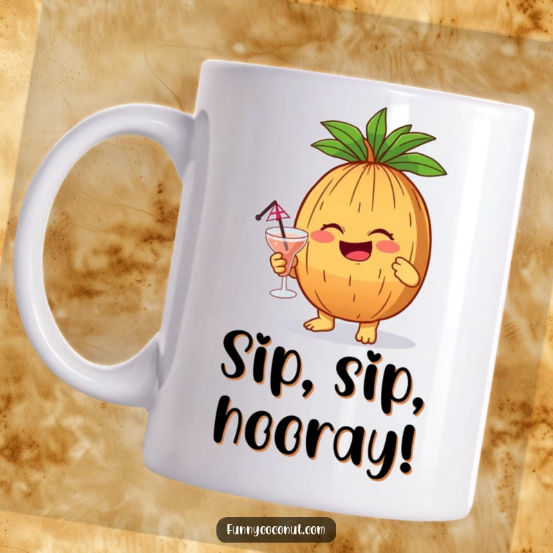 Funny coconut character giggling uncontrollably while holding a mini cocktail with an umbrella, a humorous mug.