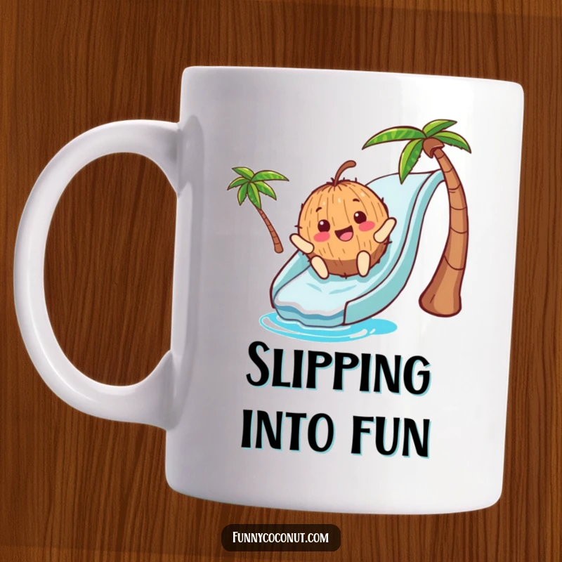 Funny Mug: A joyful coconut character with eyes closed, happily sliding down a blue waterslide, embodying pure summer fun.
