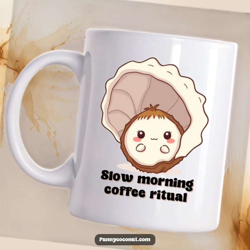 Funny shy kawaii coconut peeking from behind a large seashell, with a timid expression, on a cute mug.