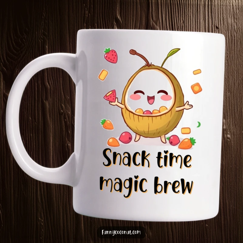 Funny mug showcasing a winking coconut skillfully juggling small fruit snacks, radiating playful energy and snack enthusiasm.
