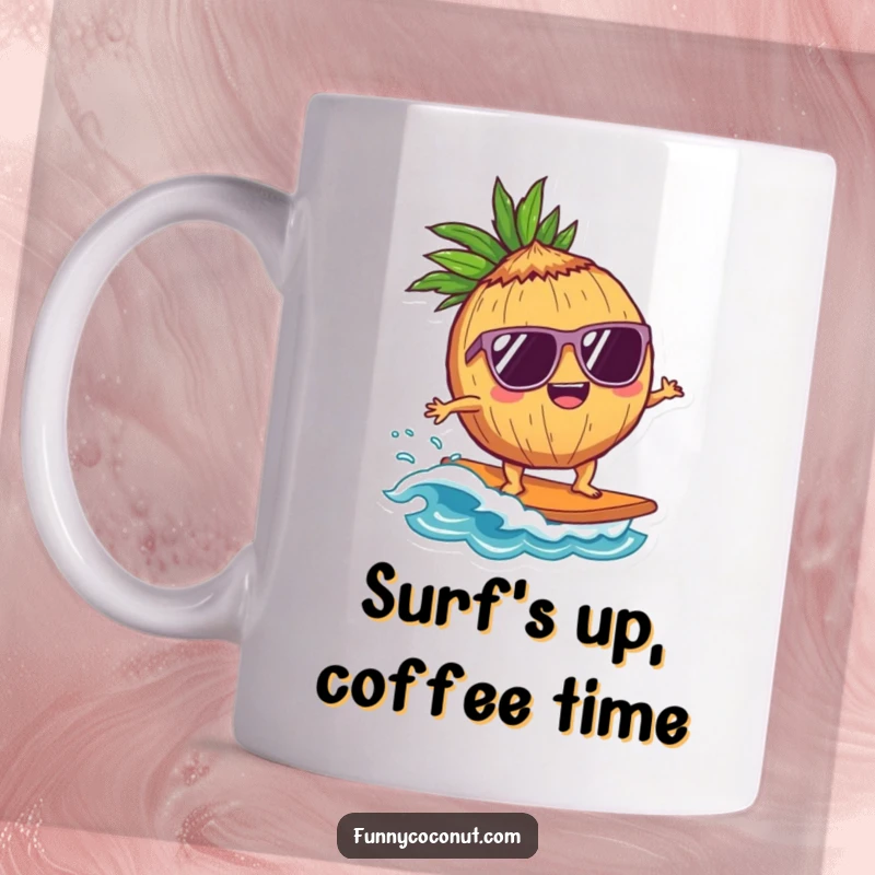 Funny Coconut Surfer Mug: A delighted coconut character wearing sunglasses surfs a tiny wave with a cool, relaxed attitude, embodying summer fun.