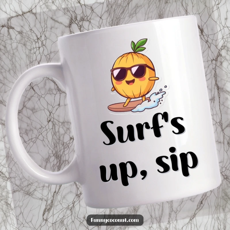 Funny Mug showing a smiling coconut character wearing sunglasses, confidently surfing a small wave, embodying cool vibes.