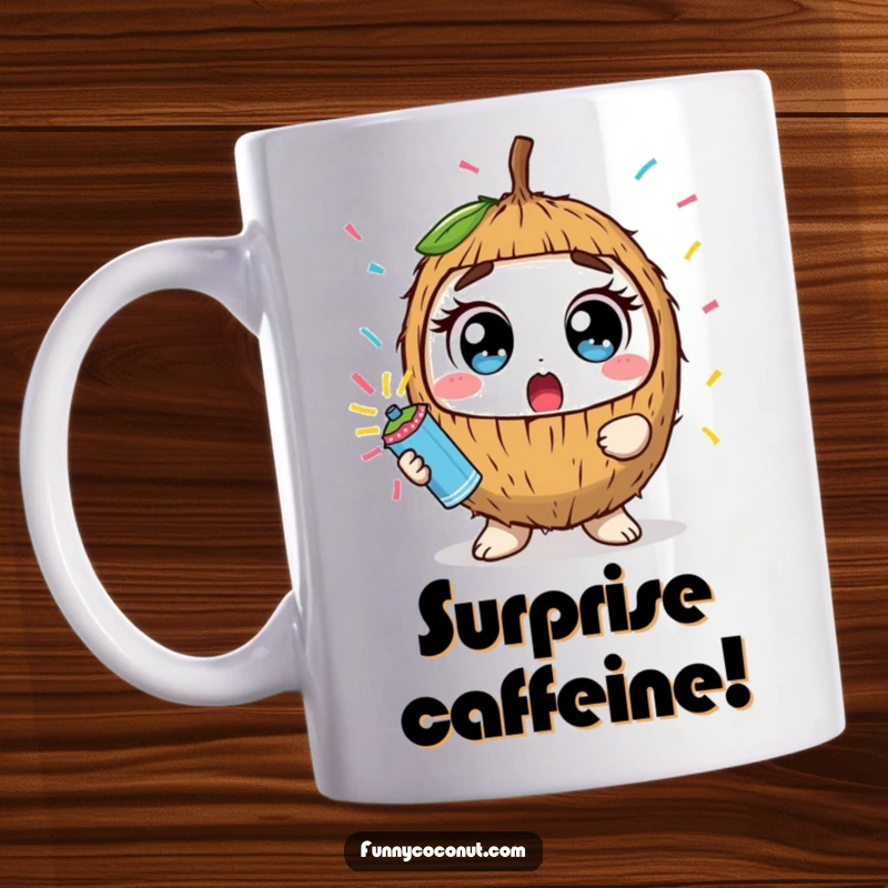 Funny surprised kawaii coconut with wide eyes holding a confetti popper, on a mug, ready for a celebration.