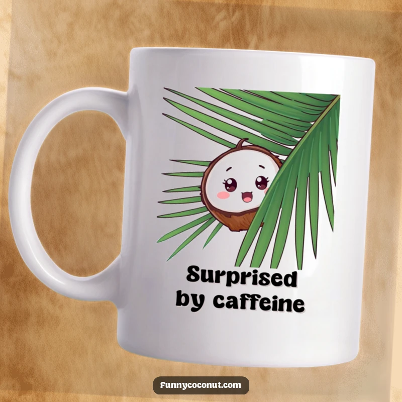 Funny Surprised Coconut Mug, a coconut peeking from behind a palm frond with wide, startled eyes and a comical expression.